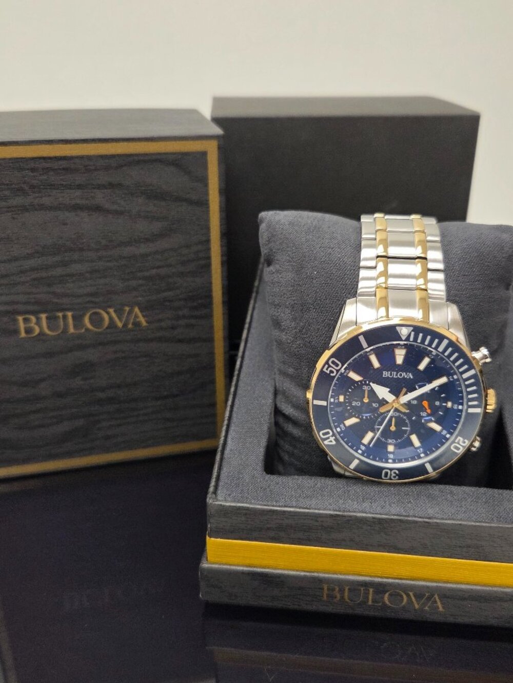 Bulova 98A246 Blue Chronograph Dial Silver Stainless Steel Mens Watch New